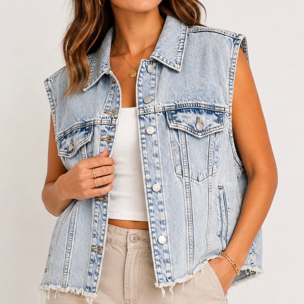 WILD FABLE | Acid Wash Oversized Denim Vest Light Wash Distressed Frayed | XL